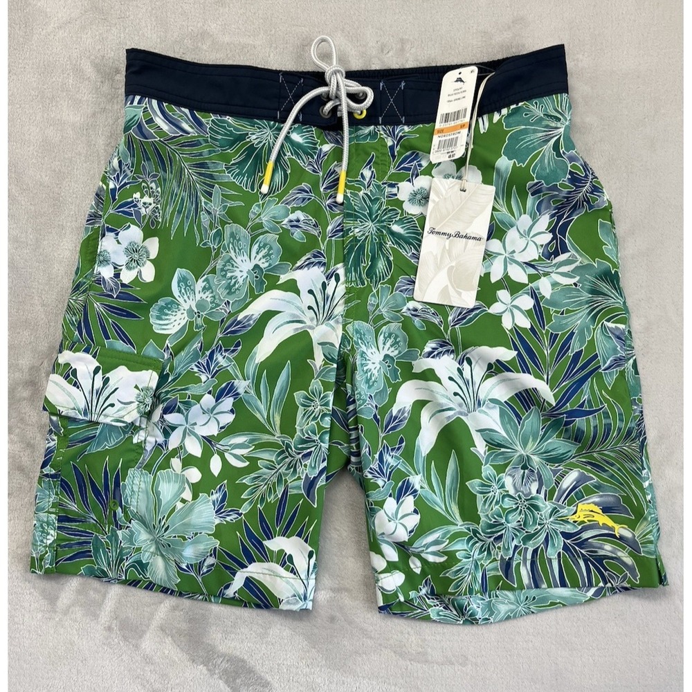 Tommy Bahama Cargo Swim Short Men Small Green Floral Lined Hawaii NWT